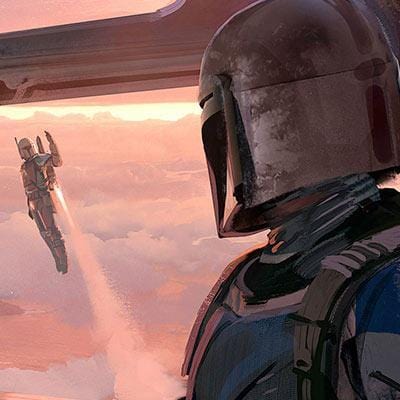 Mandalorian, watches from his Razor Crest as Jango Fett flys above him in his harnessed jetpack - closeup