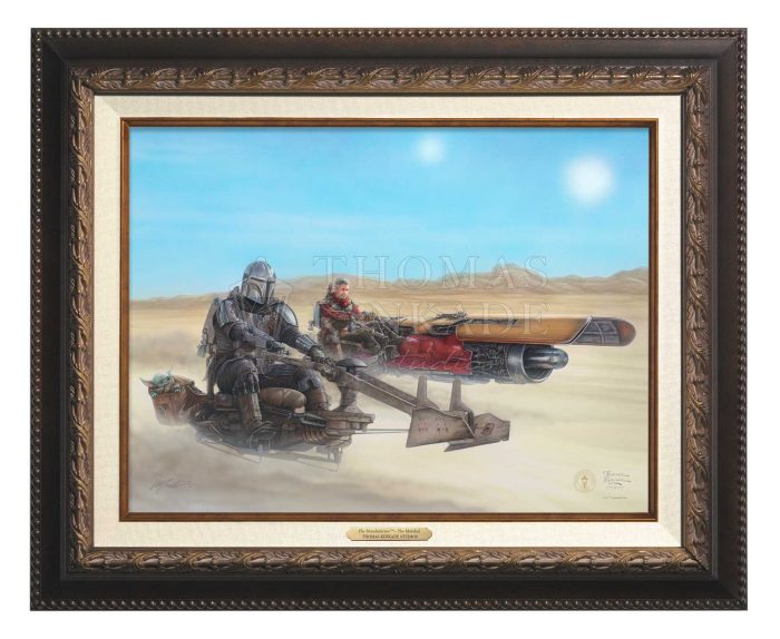 Mando’s rides on a Outer Rim speeder bike and the Marshal on a modified Podracer. as they travel to the Krayt Dragon’s Lair, Aged Bronze Frame