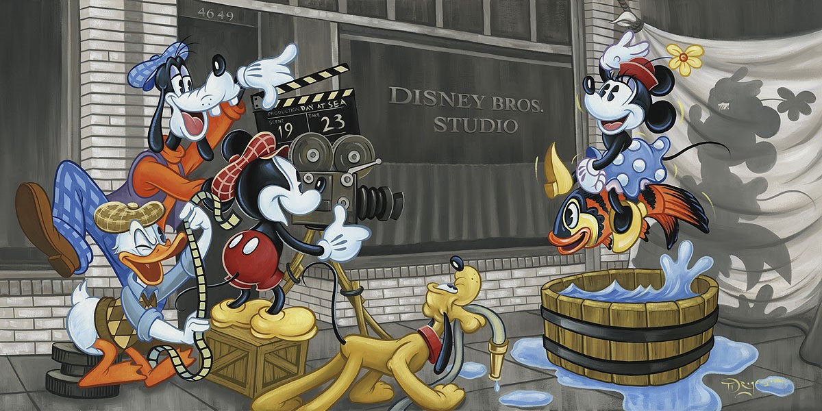 Making Movie Magic By Tim Rogerson The Fab of Five - team puts Minnie on stage on a makeshift backdrop, as Mickey rolls the camera in front of the Disney Bros. Studio.