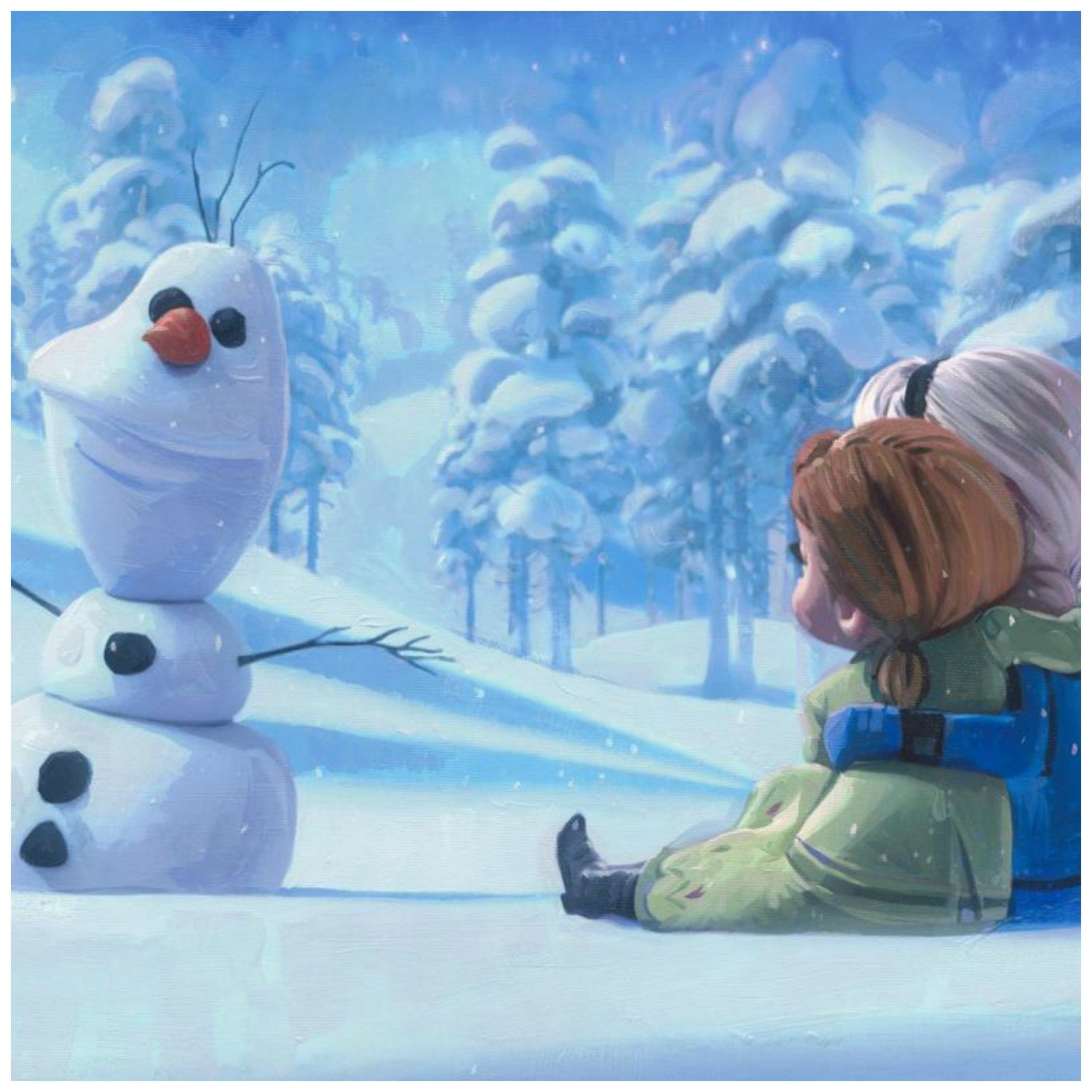 Memories of Magic by Michelle St. Laurent.  The younger sisters Elsa and Anna sit and watch the magical snowman Olaf come to life - closeup