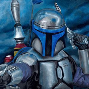 Boba Fett draws his blaster rifle - Closeup