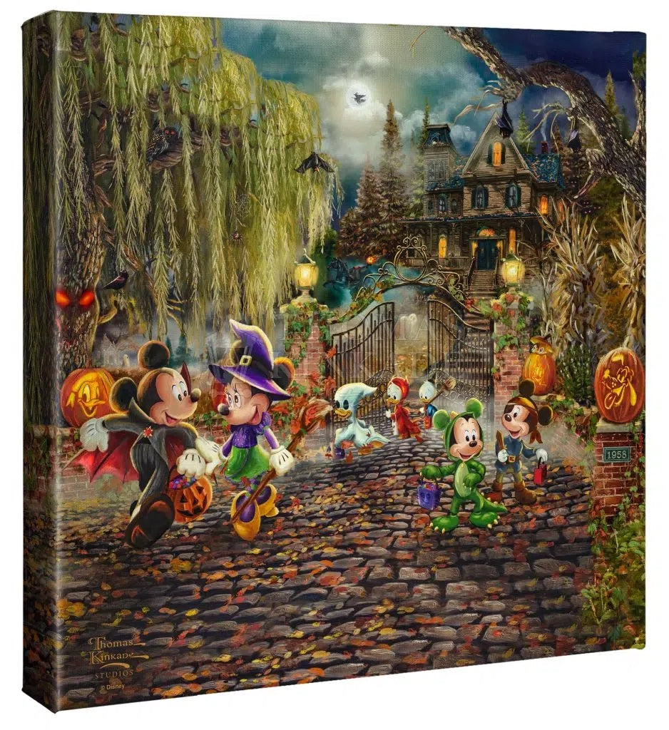 Mickey and Minnie Halloween Fun By Thomas Kinkade Studios  Mickey is dressed up as a Vampire and Minnie as Witch. - Gallery Wrap