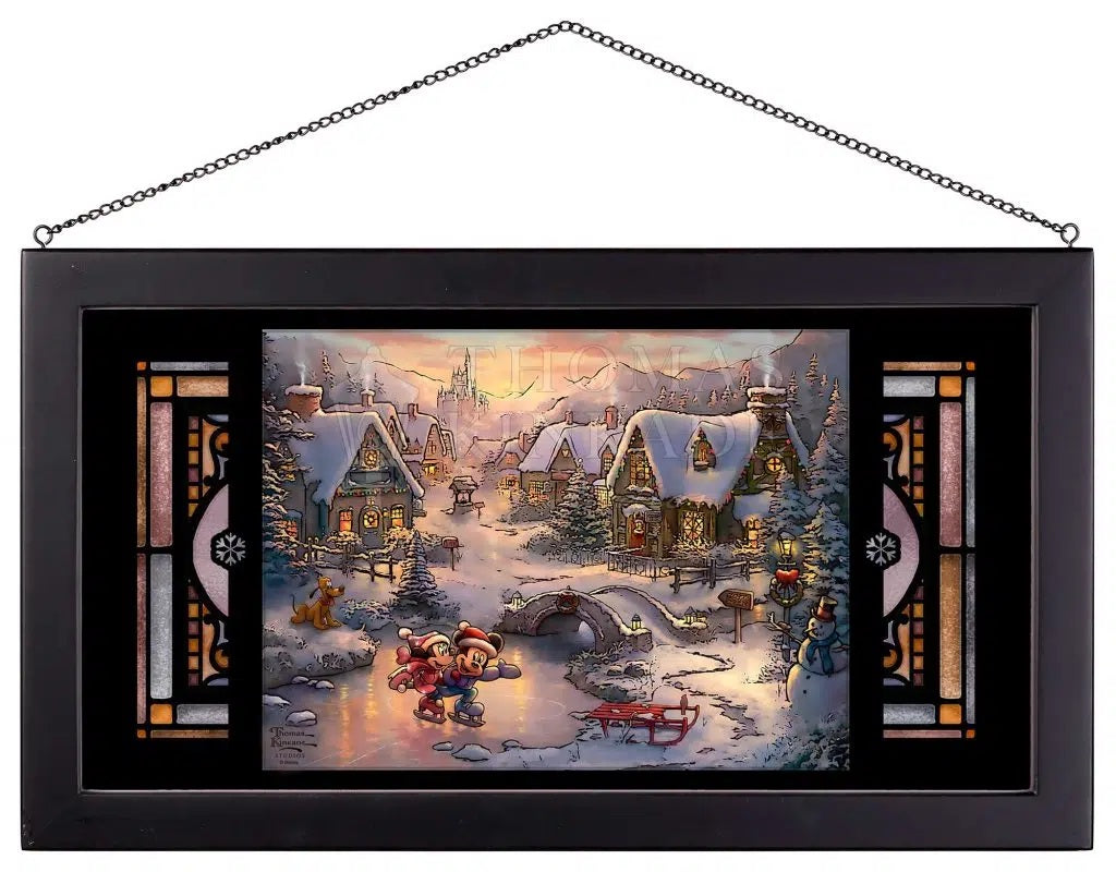 Mickey Mouse and Minnie Mouse joyfully skate across a frozen pond, celebrating the magic of the Holidays together.