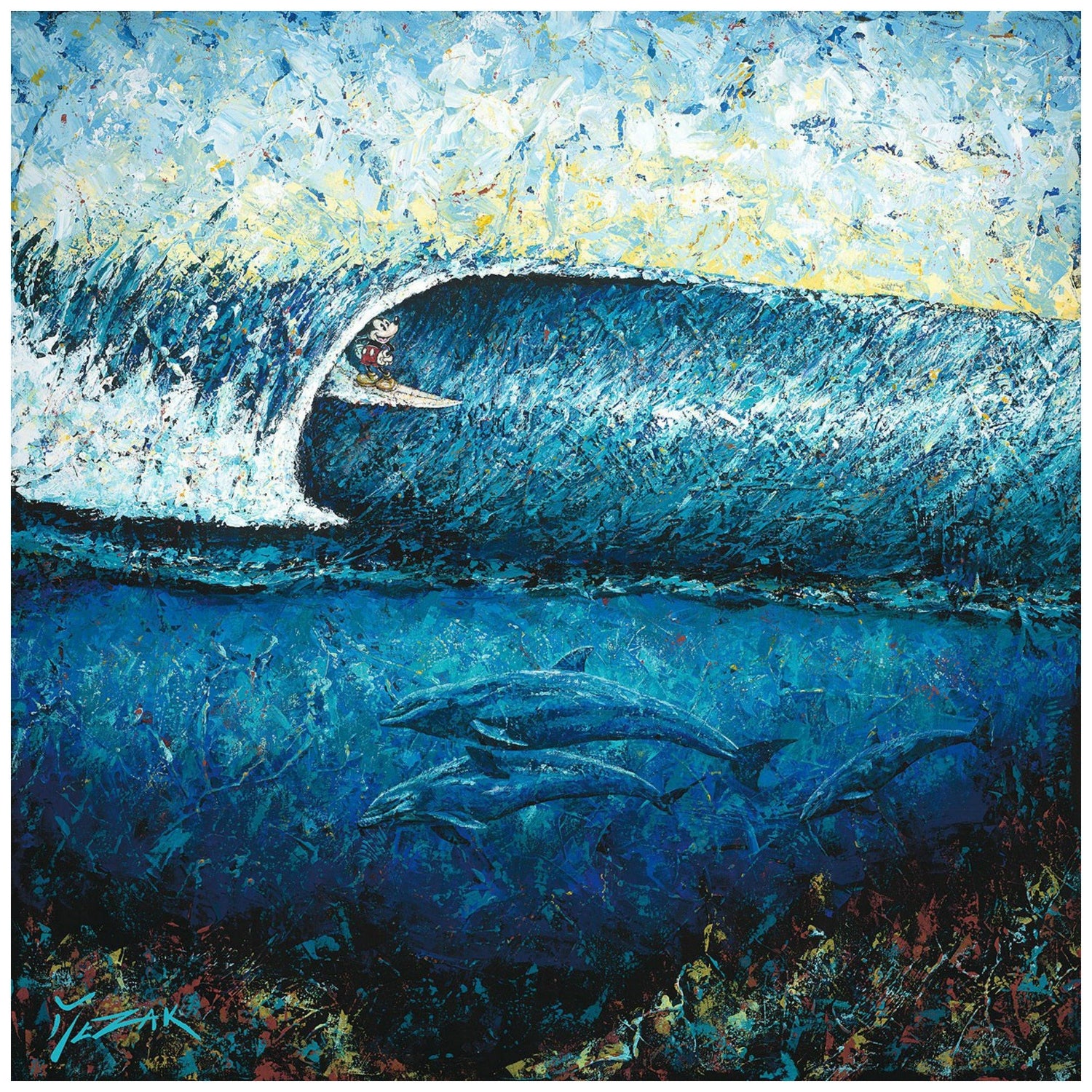 Mickeys Surfs Pipeline by Trevor Mezak.  Mickey surfing the waves above, as a pair of dolphins swim along below.