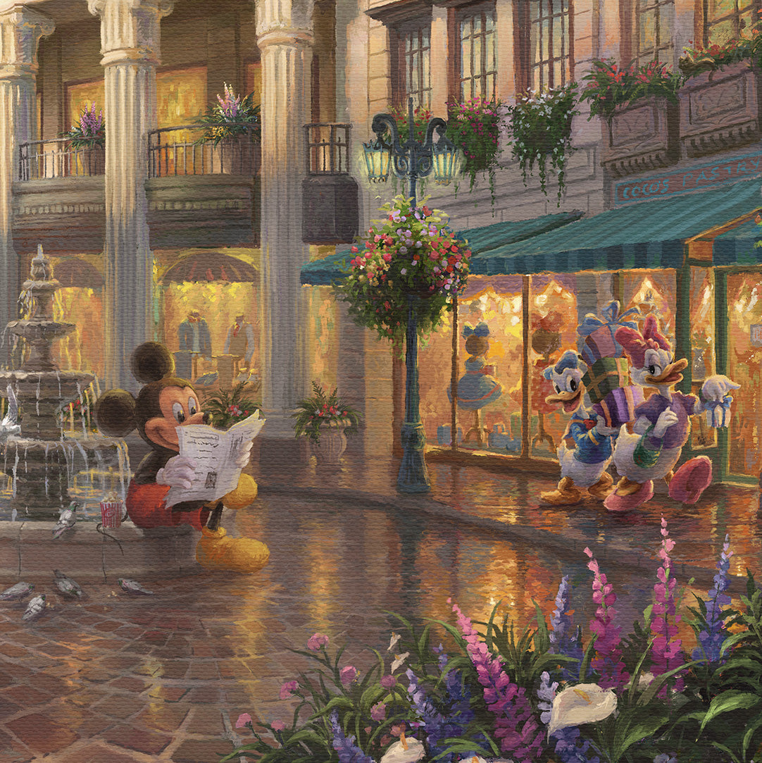 Mickey attentively waits for Minnie by the fountain - Closeup