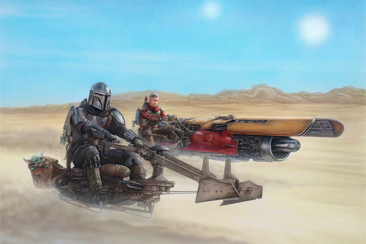 Mando’s rides on a Outer Rim speeder bike and the Marshal on a modified Podracer. as they travel to the Krayt Dragon’s Lair, Unframed Canvas