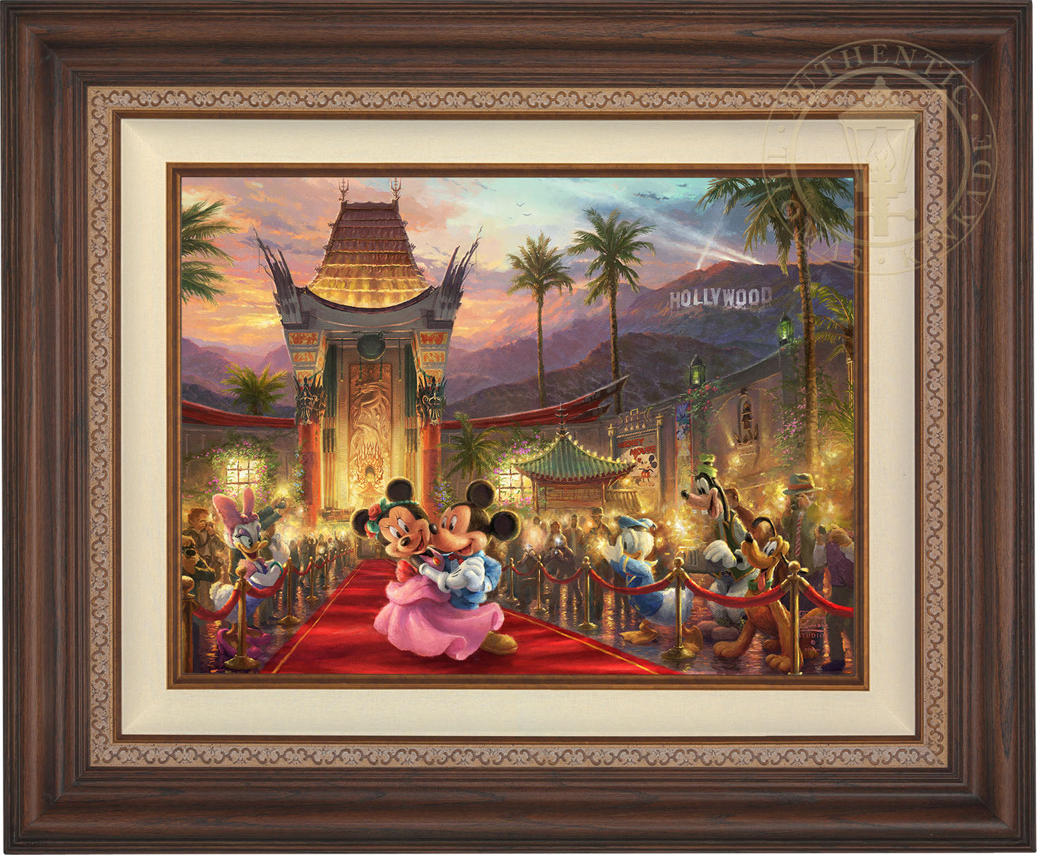 In this flashing Hollywood scene, Mickey and Minnie walk the red carpet. Dark Walnut   Frame