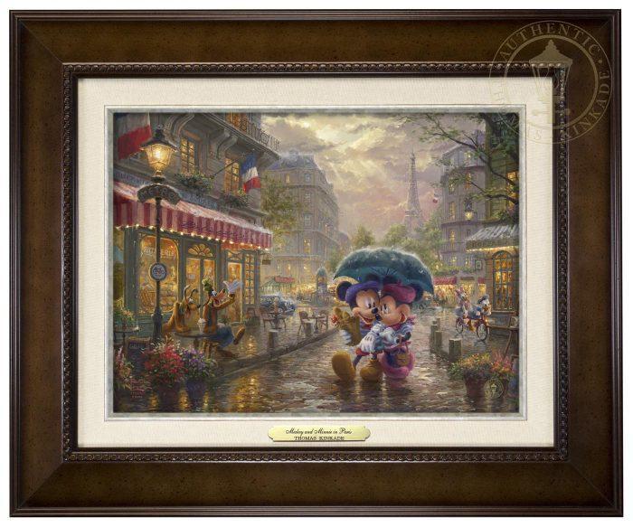Mickey and Minnie in Paris by Thomas Kinkade Studios. Dressed in traditional French attire, Mickey and Minnie enjoy playing tourist in their berets and striped shirts after spending the morning at the cafe - espresso frame