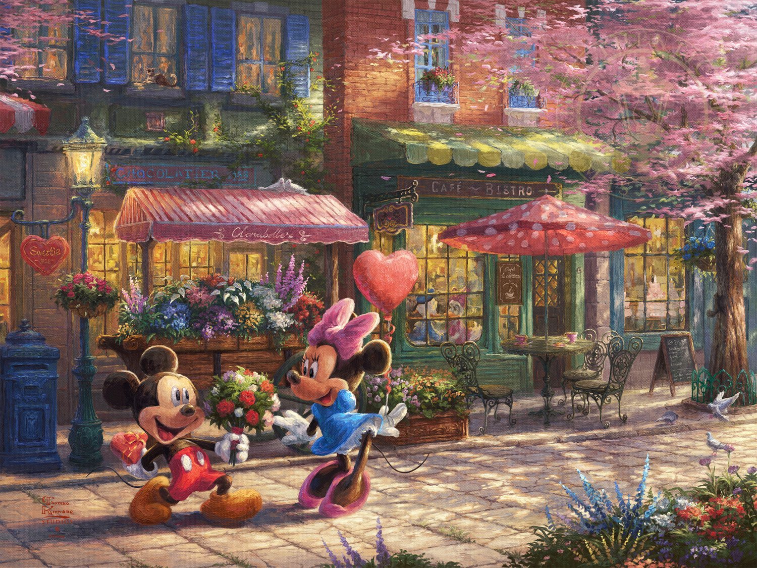 Mickey presents Minnie with a bouquet of flowers and a heart shaped box of chocolate in front of Cafe Bristo - unframed