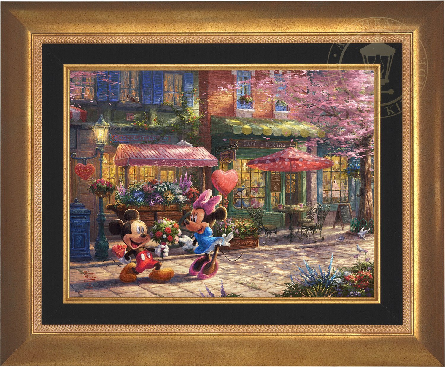 Mickey presents Minnie with a bouquet of flowers and a heart shaped box of chocolate in front of Cafe Bristo - Aurora Gold Frame