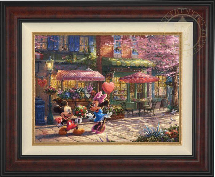 Mickey presents Minnie with a bouquet of flowers and a heart shaped box of chocolate in front of Cafe Bristo - Burl Frame