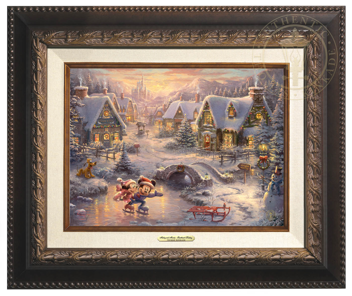 Mickey Mouse and Minnie Mouse joyfully skate across a frozen pond, celebrating the magic of the Holidays together. Aged Bronze Frame