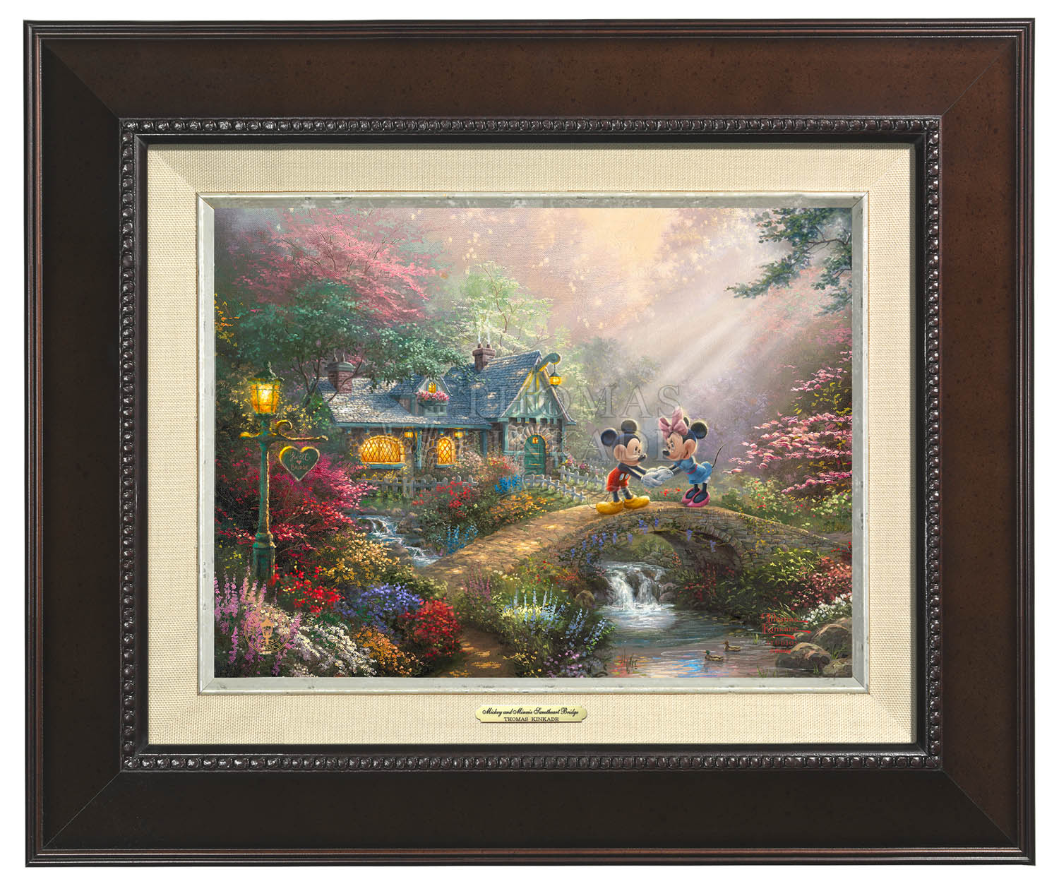 Mickey and Minnie join hands on Sweetheart Bridge. Espresso Frame
