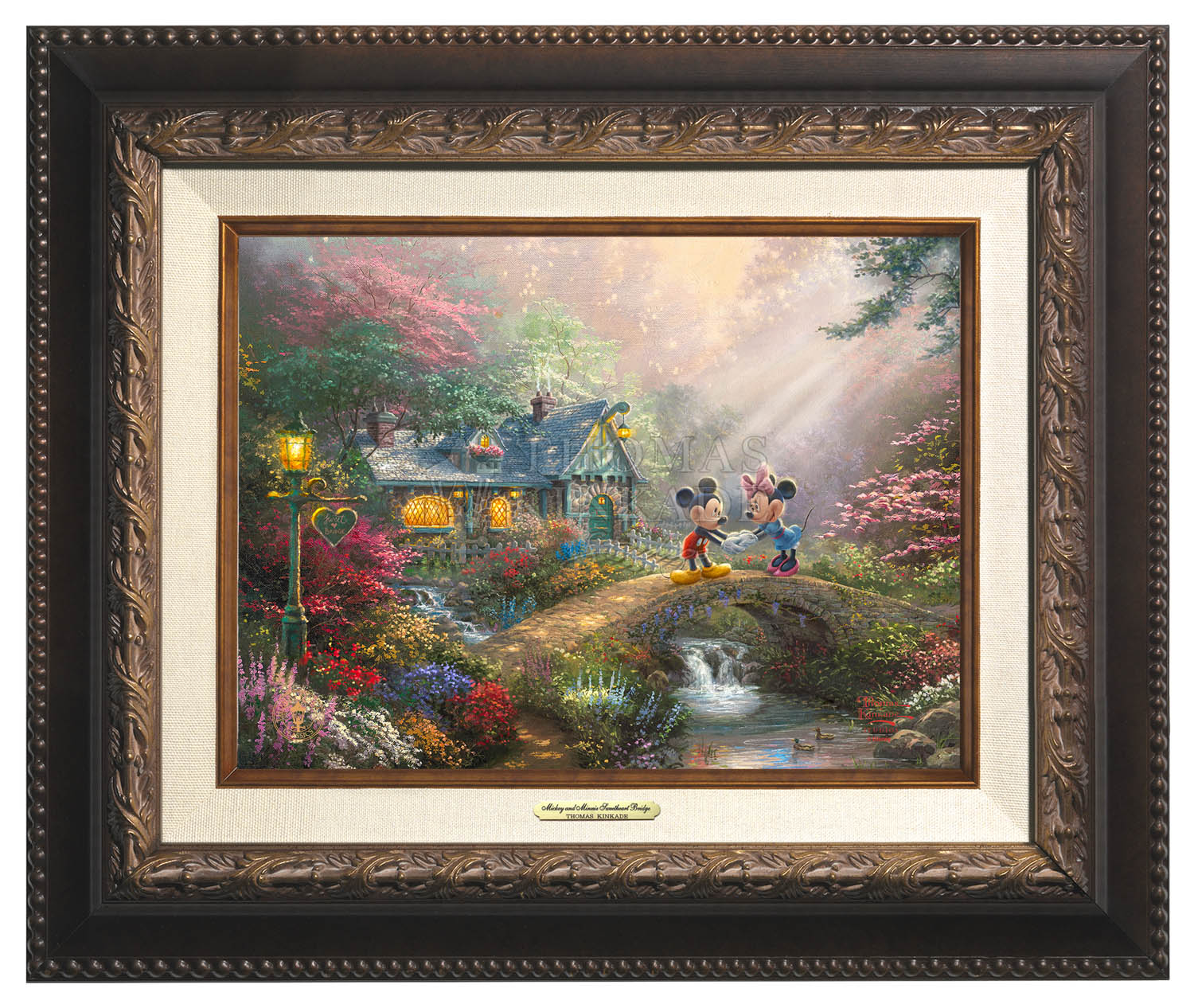 Mickey and Minnie join hands on Sweetheart Bridge.  Aged Bronze Frame