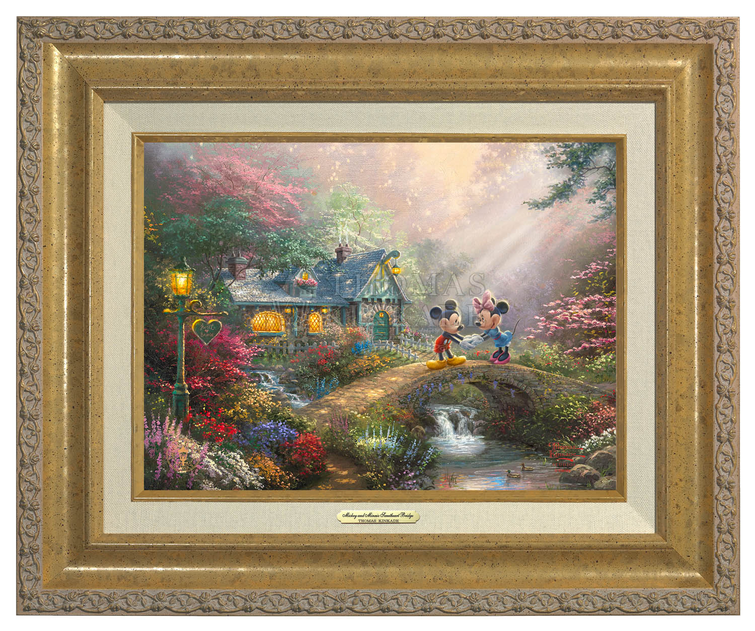 Mickey and Minnie join hands on Sweetheart Bridge. Antique Gold Frame