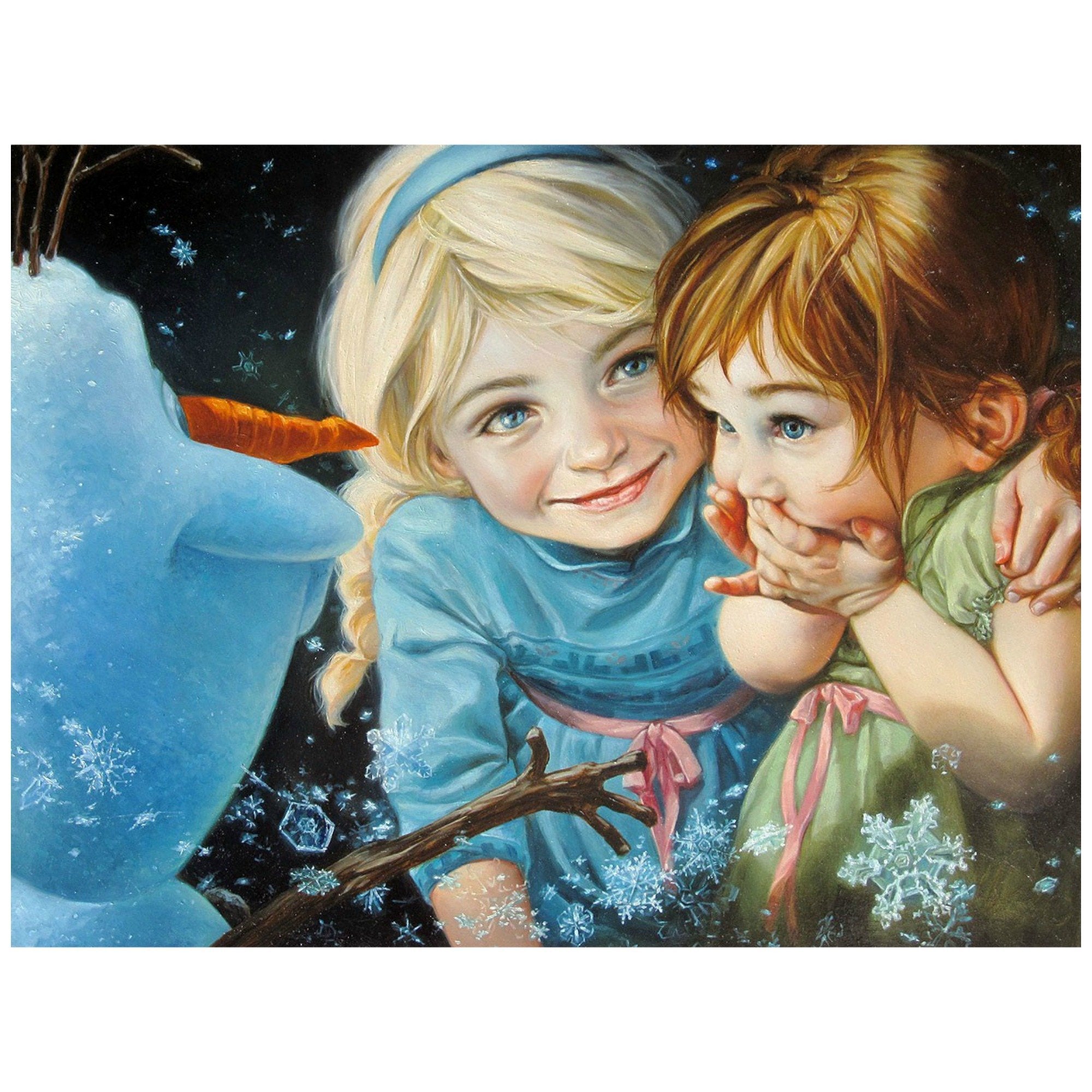 Elsa and Anna as little girls, as Elsa introduces Olaf the snowman to Anna. Inspired by Walt Disney&