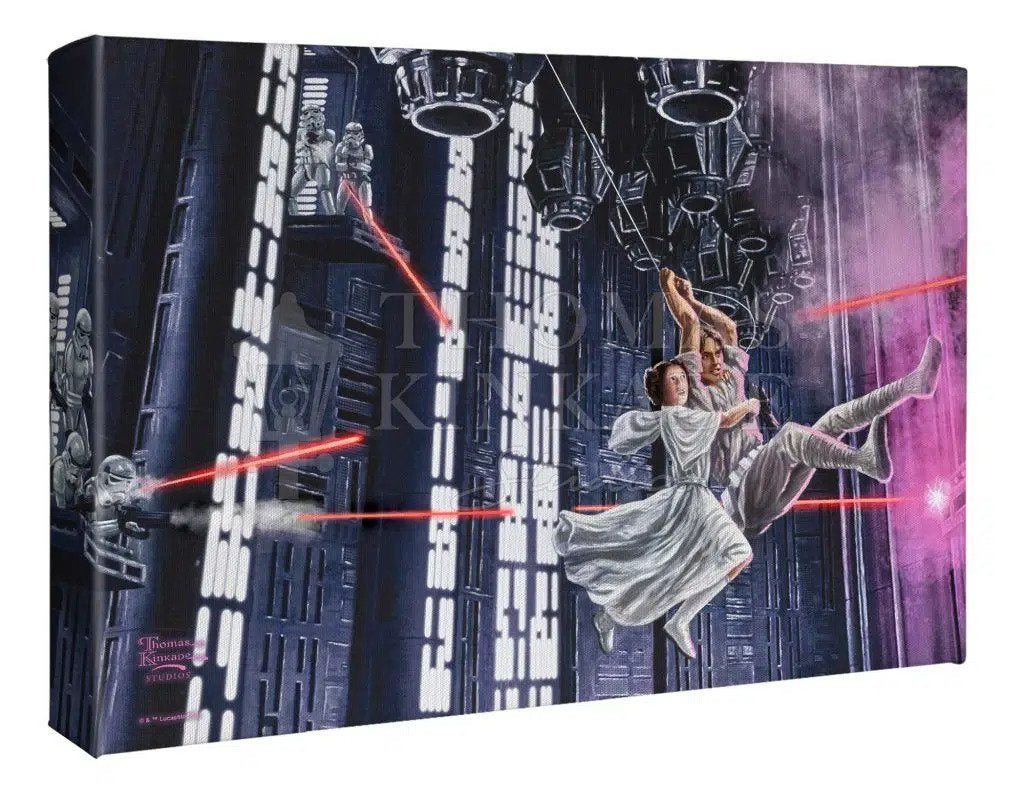 On The Run by Thomas Kinkade Studios In this scene, Leia has just provided cover for herself and Luke, using the blaster that Luke took from a Stormtrooper. Two Stormtroopers can be seen lying down, firing their weapons.