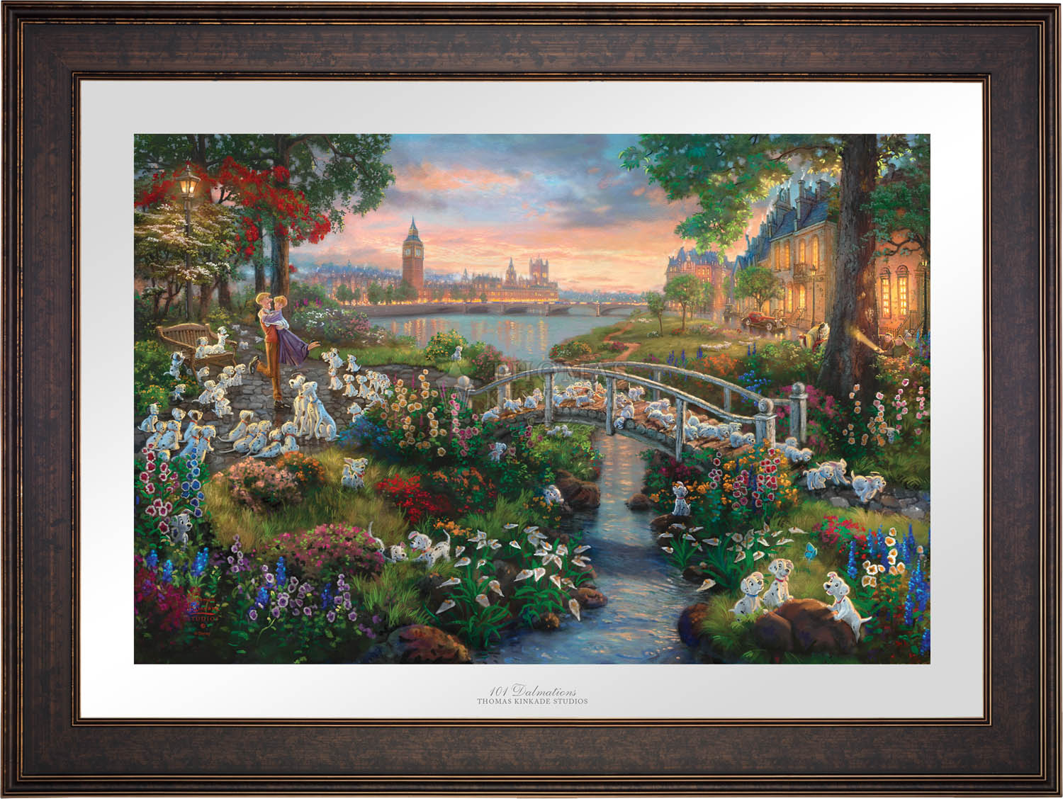 101 Dalmatians puppies along with Pongo, Perdita, Roger, and Anita all gather at the park, for a day of romance and fun - Gallery Bronze Frame