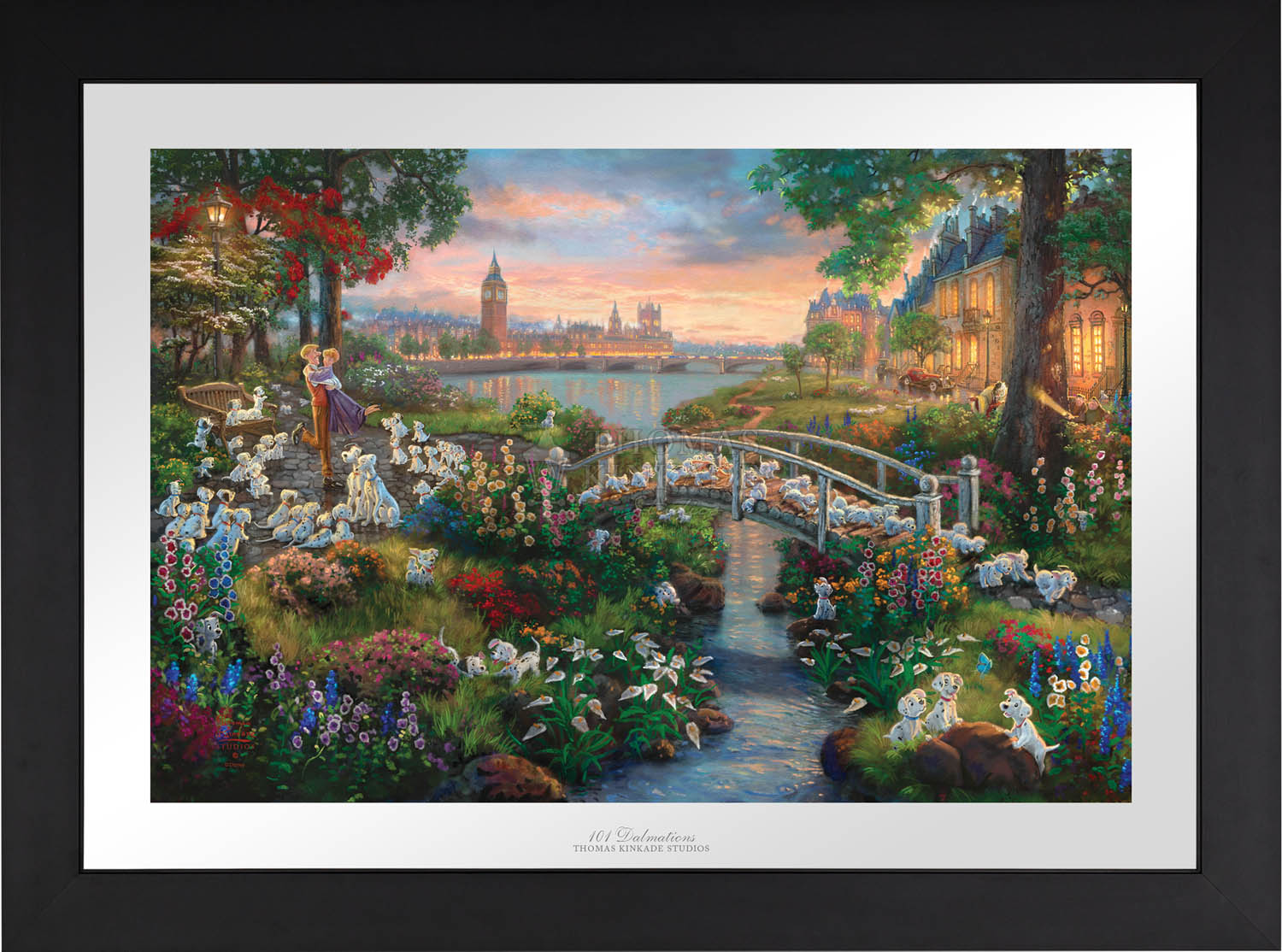101 Dalmatians puppies along with Pongo, Perdita, Roger, and Anita all gather at the park, for a day of romance and fun - Satin Black Frame