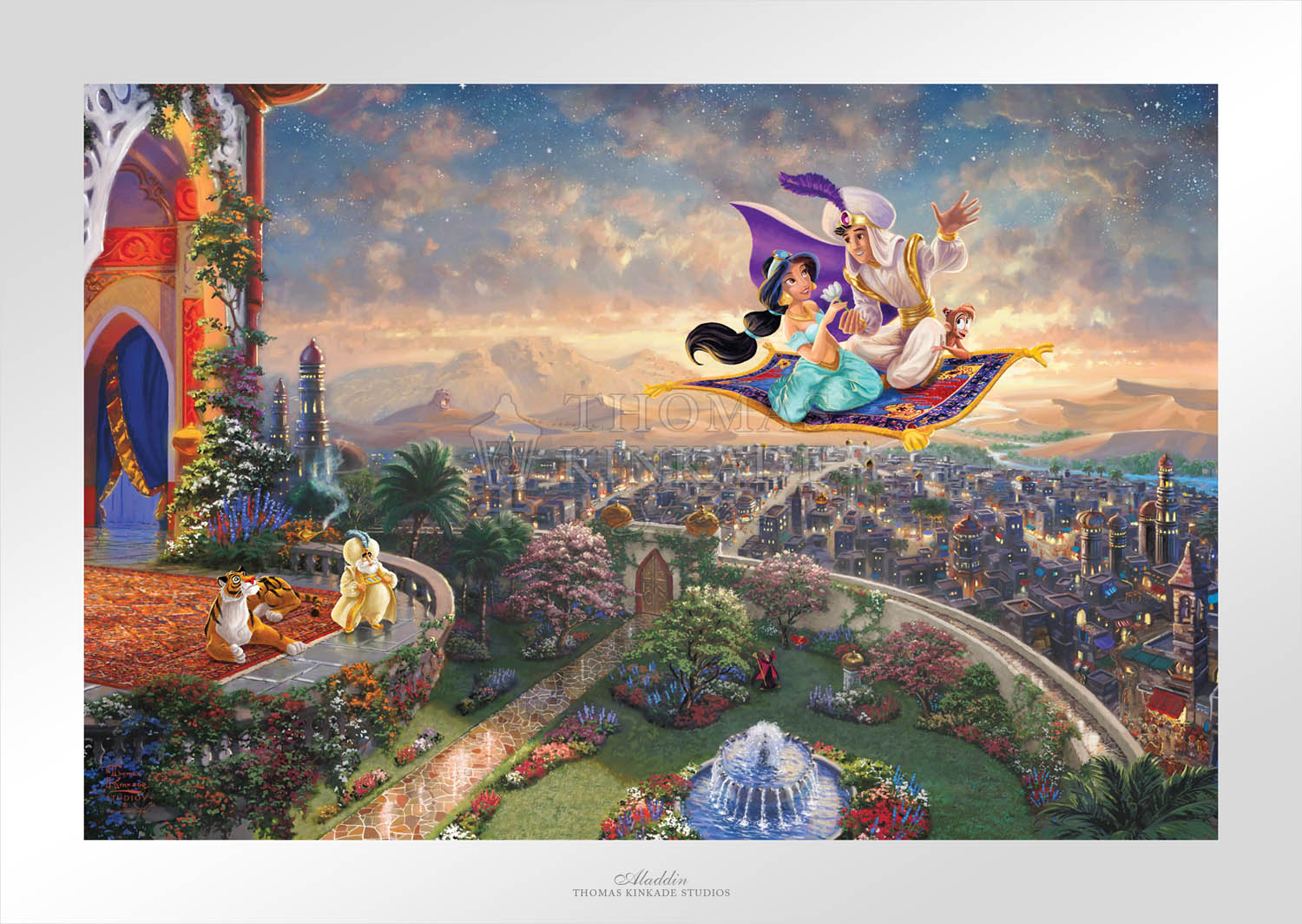 Aladdin and Jasmine soar above Agrabah and the neighboring kingdom on a magic carpet ride, as the Sultan of Agrabah (her father) and her overprotective pet tiger Rajah watch - unframed