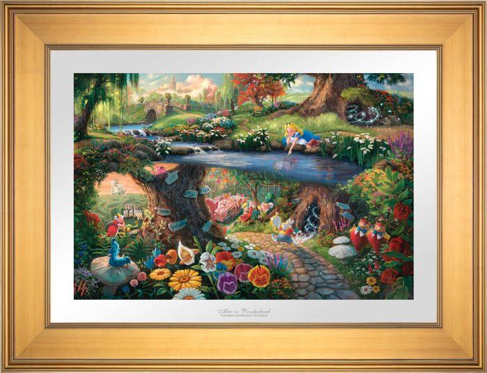 The hurried White Rabbit, the enigmatic Caterpillar, the lunatic Mad Hatter, the nonsensical Tweedledee, and Tweedledum all play a part in the world down the hole - Gallery Gold Frame