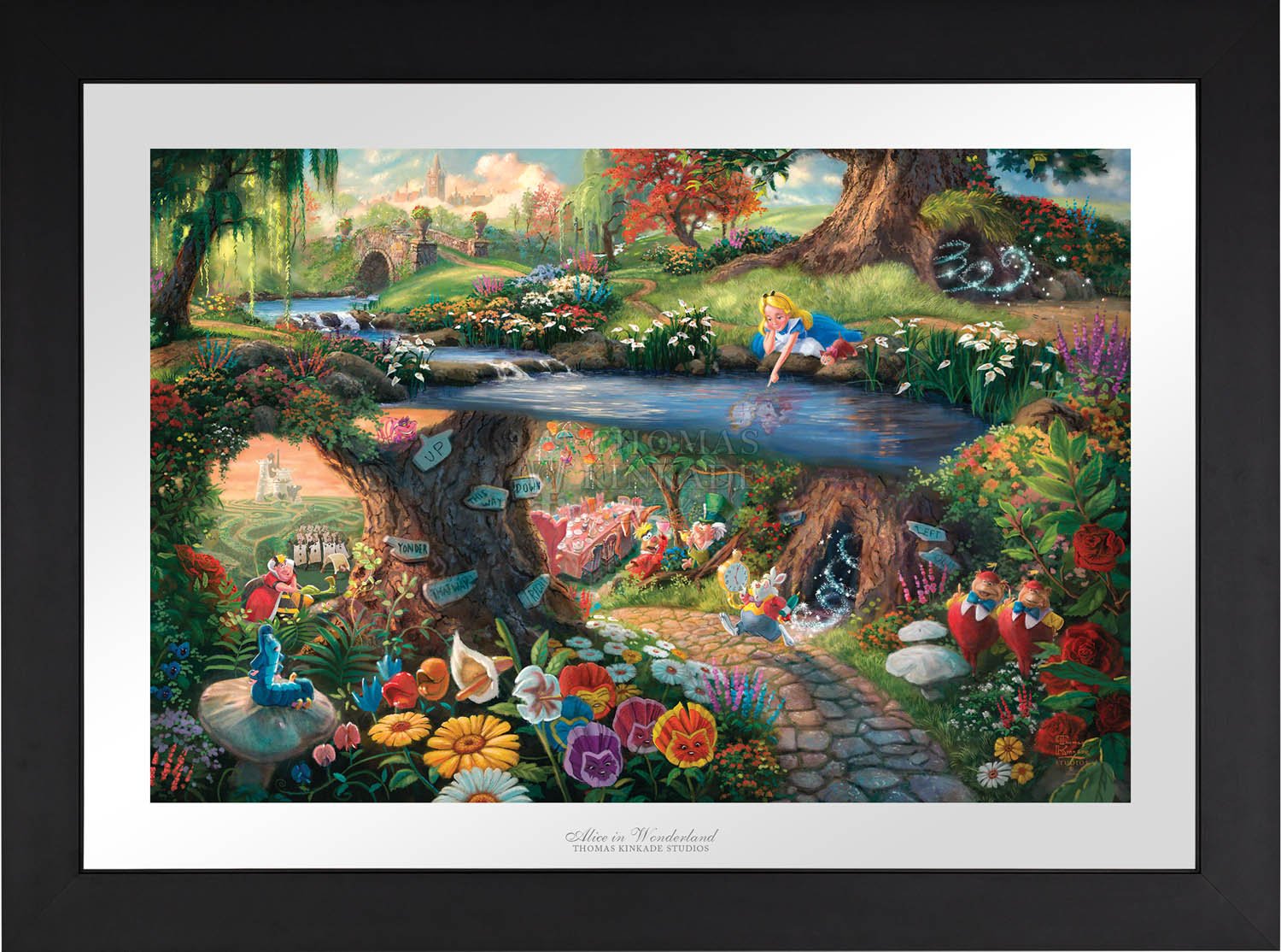 The hurried White Rabbit, the enigmatic Caterpillar, the lunatic Mad Hatter, the nonsensical Tweedledee, and Tweedledum all play a part in the world down the hole - Satin Black Frame