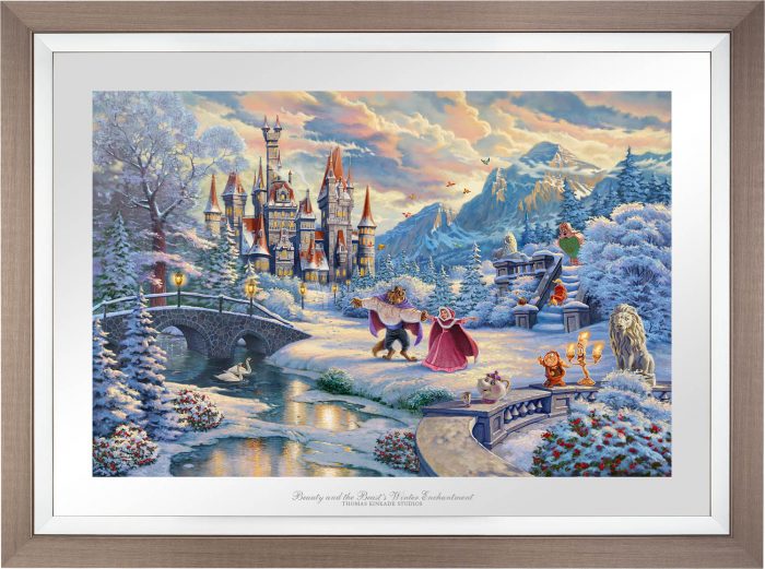 While the two dance in the crisp winter snow, Mrs. Potts, Chip, Cogsworth, Lumiére, Plumette, Frou-Frou, and Madame de Garderobe celebrate this new young love. - Space Gray Frame