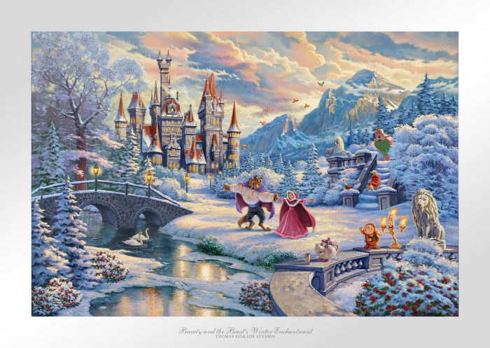 While the two dance in the crisp winter snow, Mrs. Potts, Chip, Cogsworth, Lumiére, Plumette, Frou-Frou, and Madame de Garderobe celebrate this new young love - Unframed