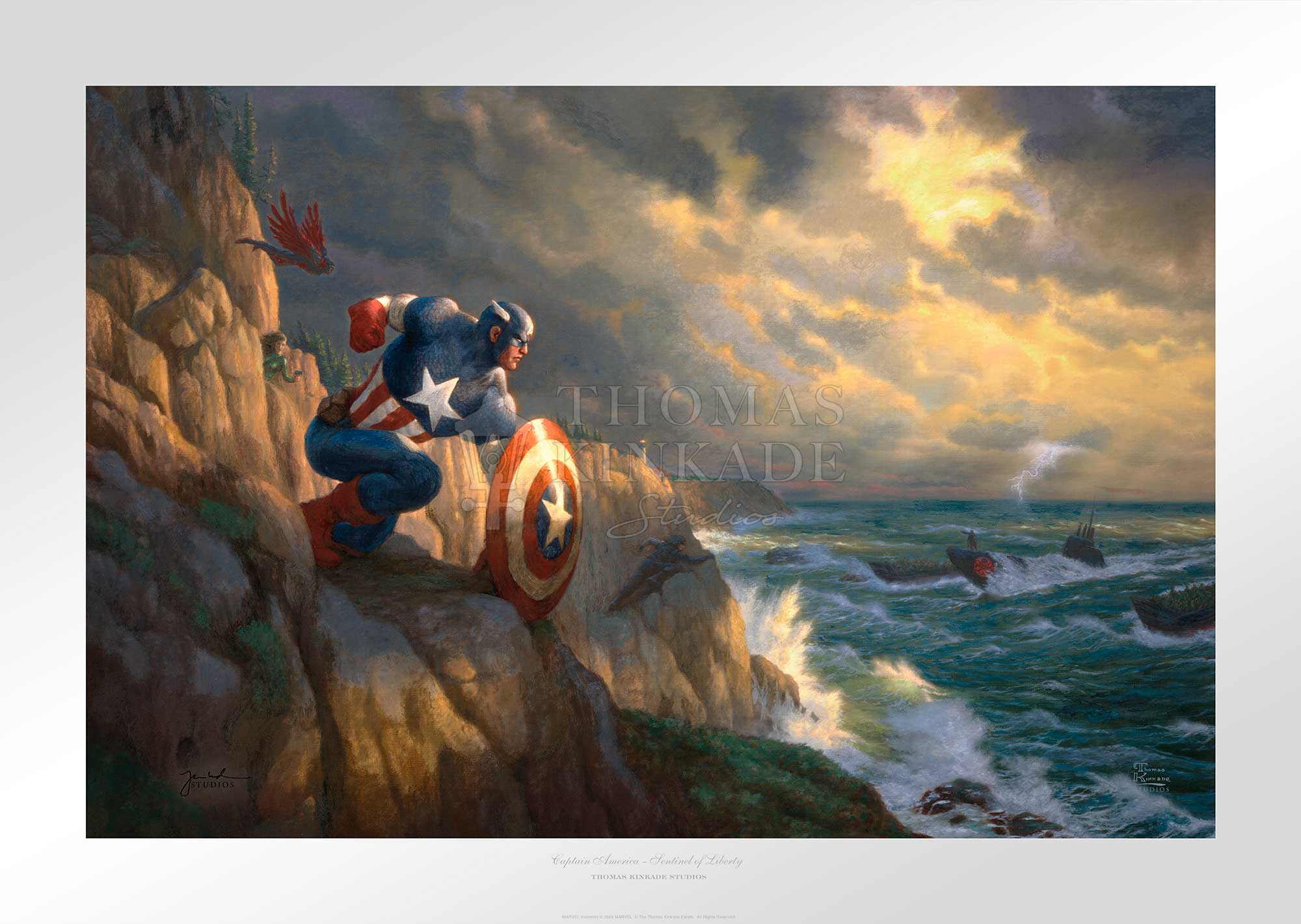 Captain America has positioned himself ready to battle Red Skull and his Hydra henchmen, who are approaching the coast in submarines.  Unframed Paper