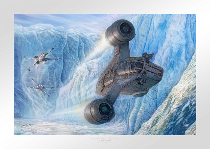 The Razor Crest is being chased by two X-wing fighters. Unframed