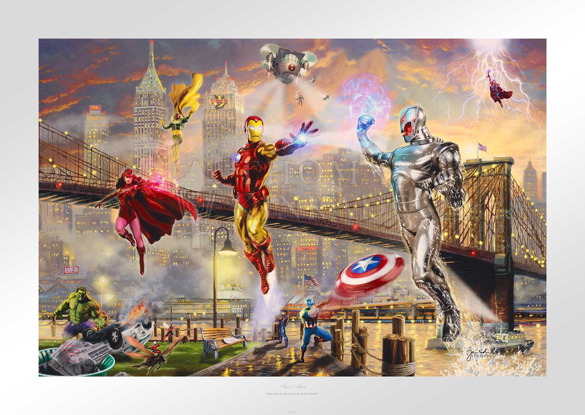 In the shadows of the New York City skyline and the Brooklyn Bridge, Hulk, Scarlet Witch, Wasp, Hawkeye, Captain America, Thor, Vision, and the Ant-Man on a flying ant are all prepared to join Iron Man in defeating Ultron. - Unframed Paper