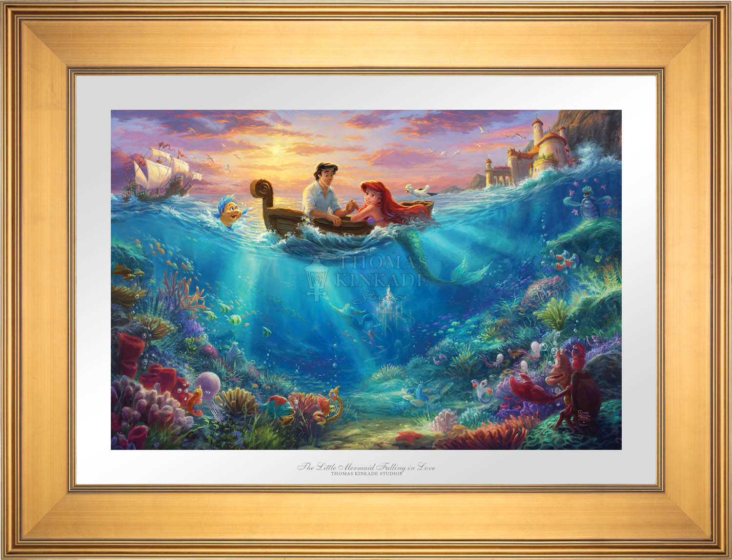 Prince Eric comes out to meet Ariel on a small rowboat, as all the sea creatures look on - Gallery Gold Frame.