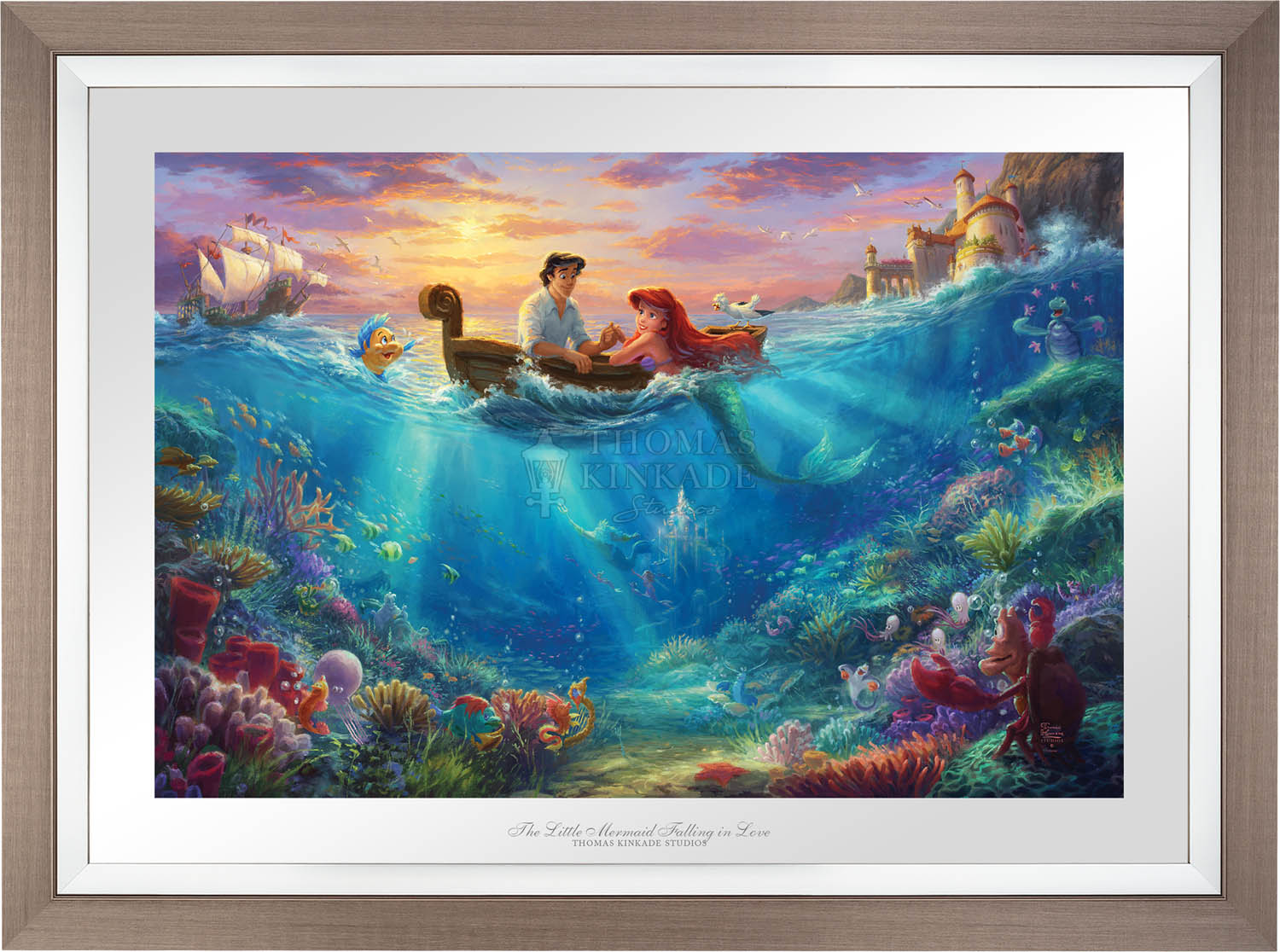 Prince Eric comes out to meet Ariel on a small rowboat, as all the sea creatures look on - Space Gray Frame.