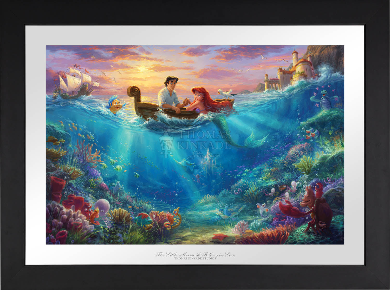 Prince Eric comes out to meet Ariel on a small rowboat, as all the sea creatures look on - Satin Black Frame.