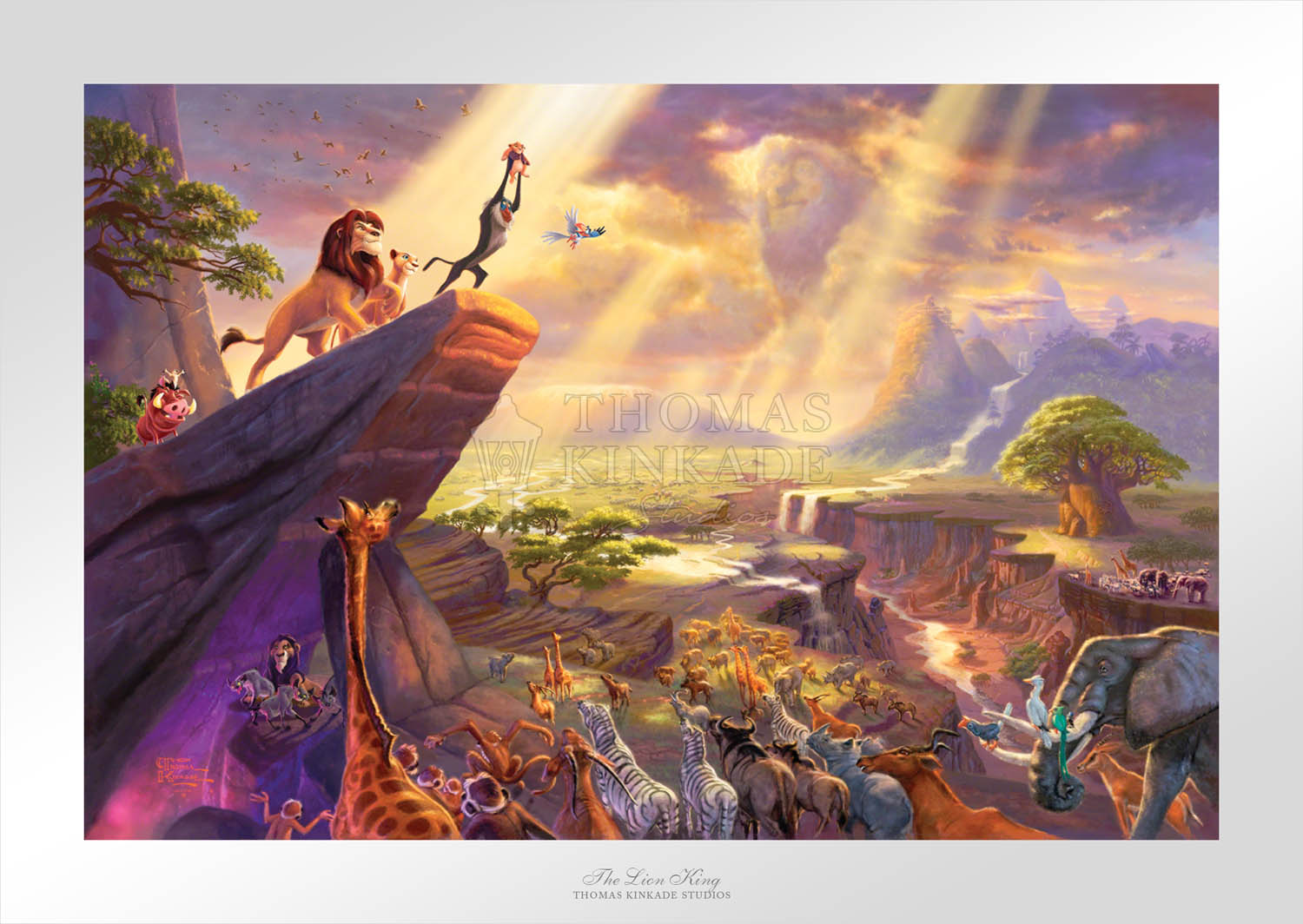 The proud parents Mufasa and Sarabi watch as Rafiki pays tribute to the newborn cub Simba, the future King of the land on the Pride Rock for all the kingdom to see.