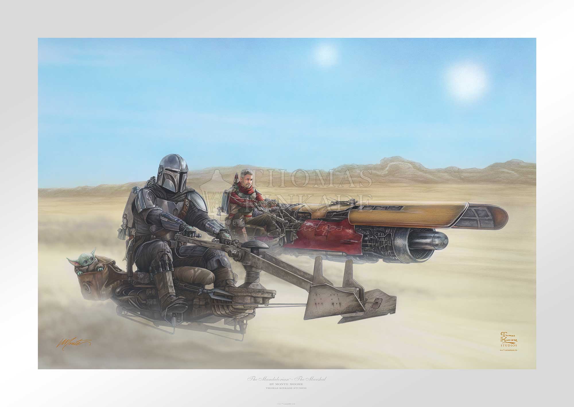 Mando’s rides on a Outer Rim speeder bike and the Marshal on a modified Podracer. as they travel to the Krayt Dragon’s Lair. Unframed Paper