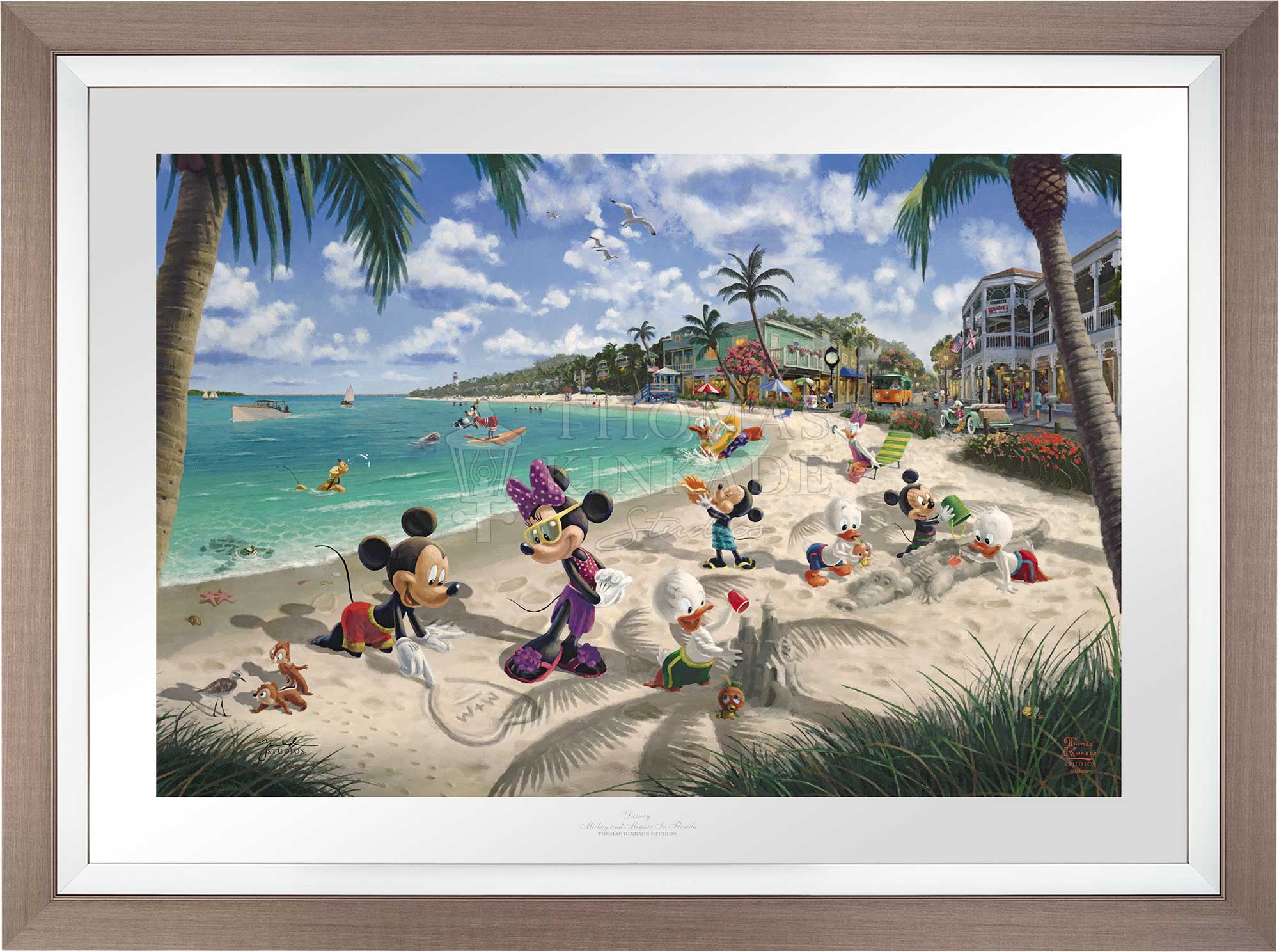 In this scene, Mickey Mouse and Minnie Mouse enjoy a warm afternoon on a sandy Key West beach with family and friends, Space Gray Frame