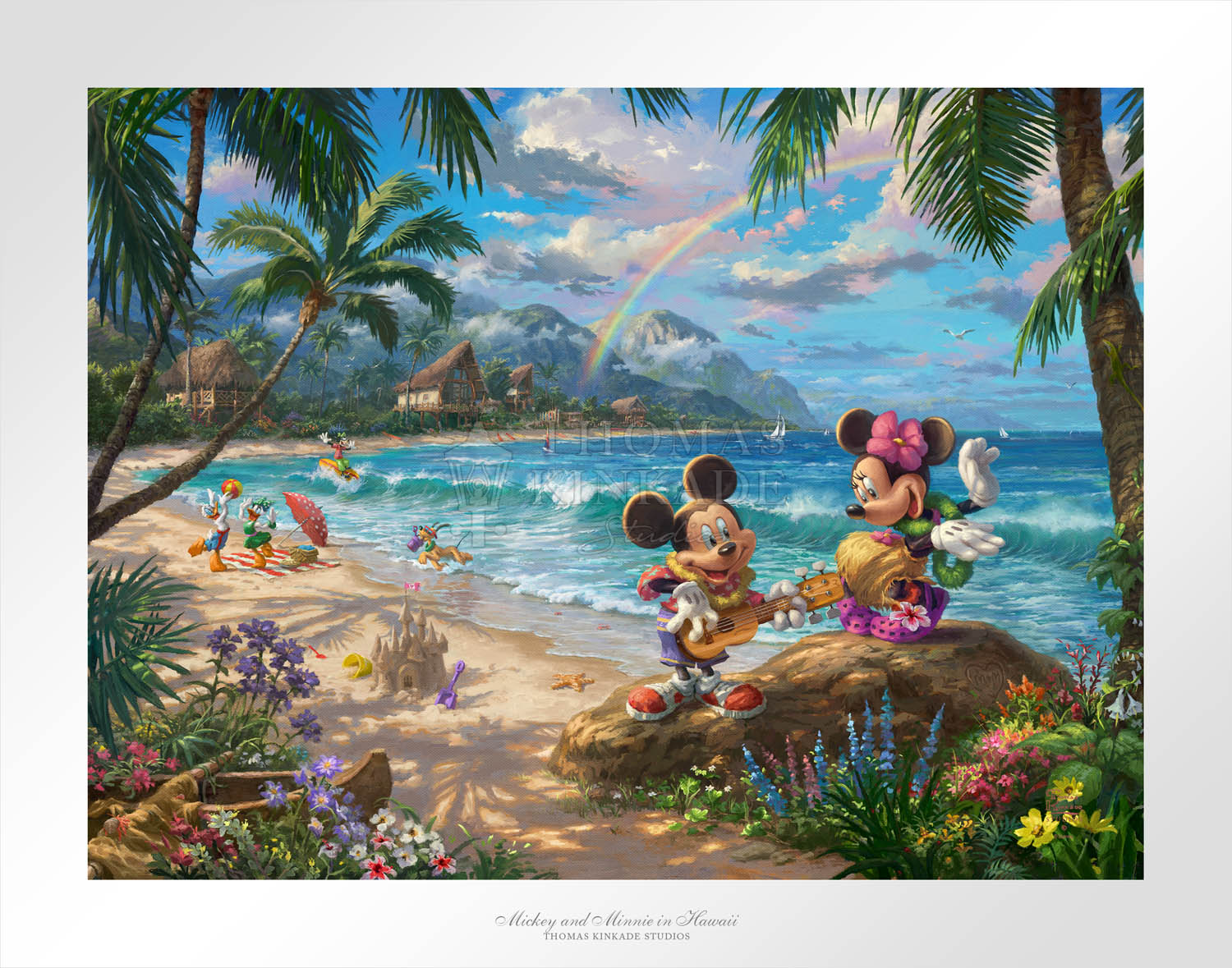Mickey plays his ukulele for Minnie, while Donald, Daisy play ball, and Pluto run around carrying a bucket, and Goofy is out surfing. Unframed Paper