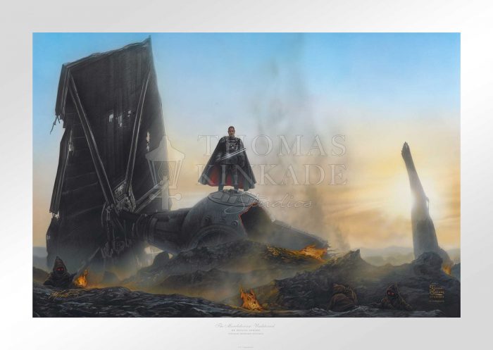 Defiant, Moff Gideon™ rises from the ashes of his crumpled TIE fighter™ which still burns beneath his feet. Unframed Paper