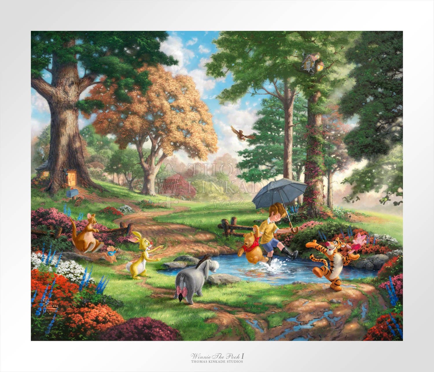 Christopher Robins, Winnie the Pooh and friends enjoying the day playing in pond.