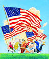 The “Looney Lineup" features Bugs Bunny, Daffy Duck, Porky Pig, Yosemite Sam, Sylvester and Tweety holding up the america's flags.