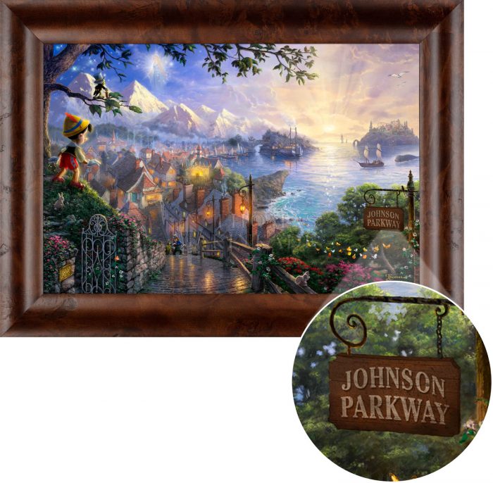 Pinocchio stands upon a hillside overlooking the setting of his adventures. Rustic Burl - Frame
