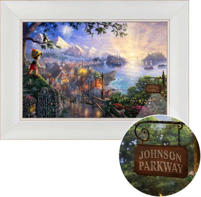 Pinocchio stands upon a hillside overlooking the setting of his adventures. Victorina White - Frame