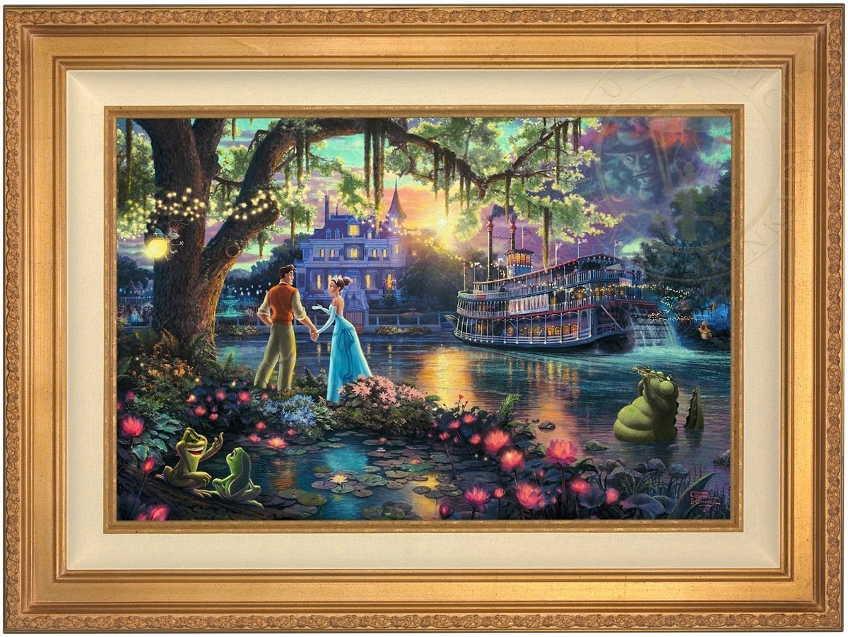 Tiana meets Prince Naveen, who has been turned into an amphibian by evil Dr. Facilier share the stage with the bayou river swamp creatures - Antique Gold Frame