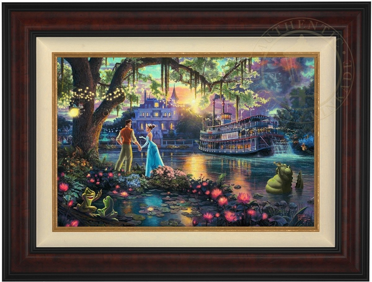 Tiana meets Prince Naveen, who has been turned into an amphibian by evil Dr. Facilier share the stage with the bayou river swamp creatures - Burl Frame