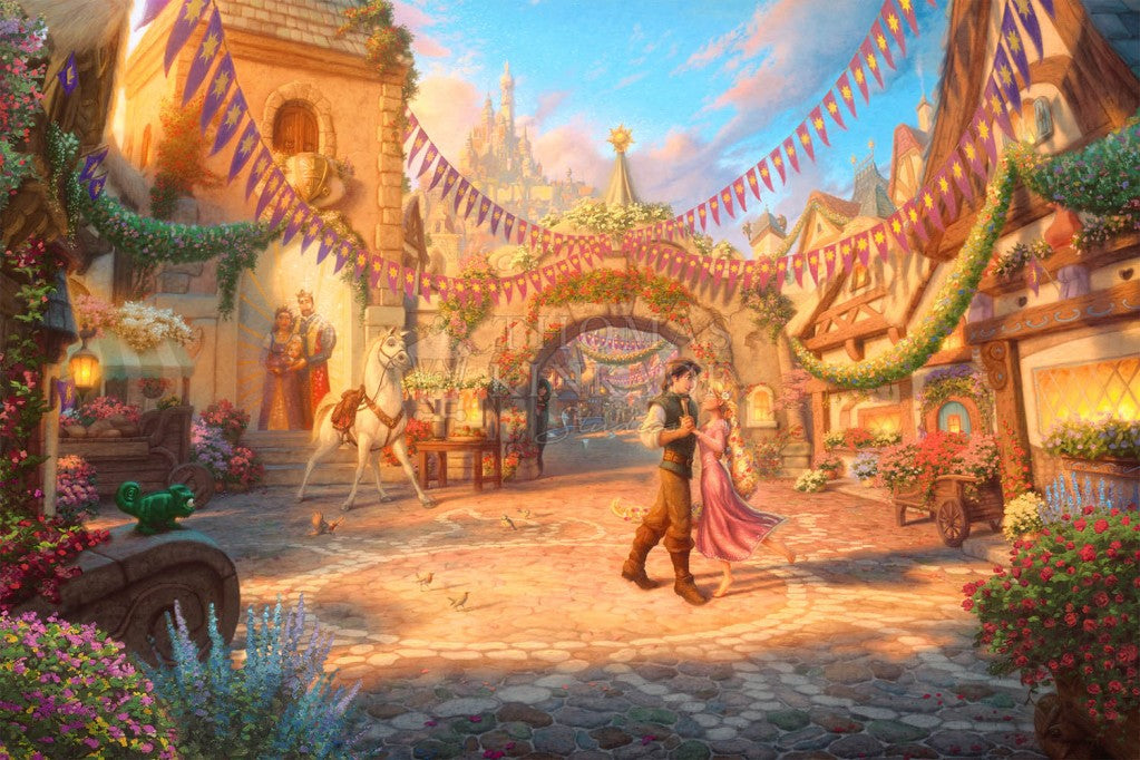 Flynn is looking deeply into the eyes of Rapunzel as he twirls her around the courtyard.  - Unframed