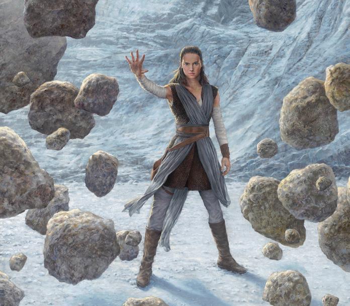 rey uses the force to lift the boulders - closeup