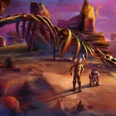 R2-D2 and C3PO travel through desert wasteland of Tatooine - closeup