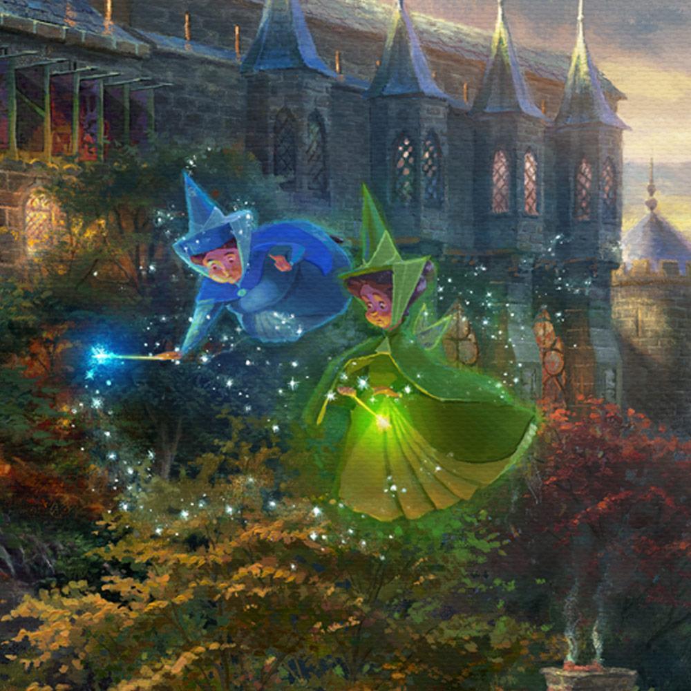 The good fairies – Flora, dressed in red; Fauna, in green; and Merryweather, in blue - closeup