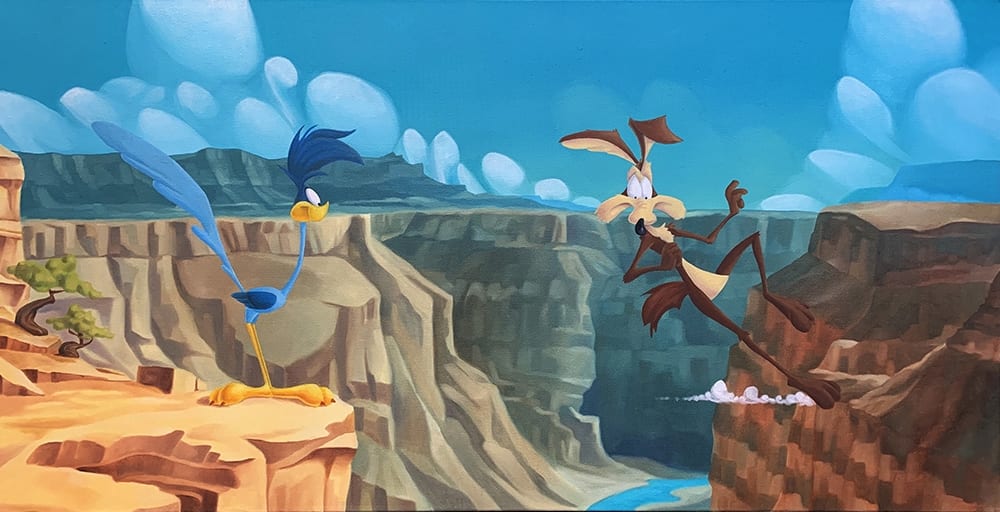 Wile E. Coyote recognizes he’s on the other side of a huge canyon, despite being seemingly close to Road Runner. Canvas